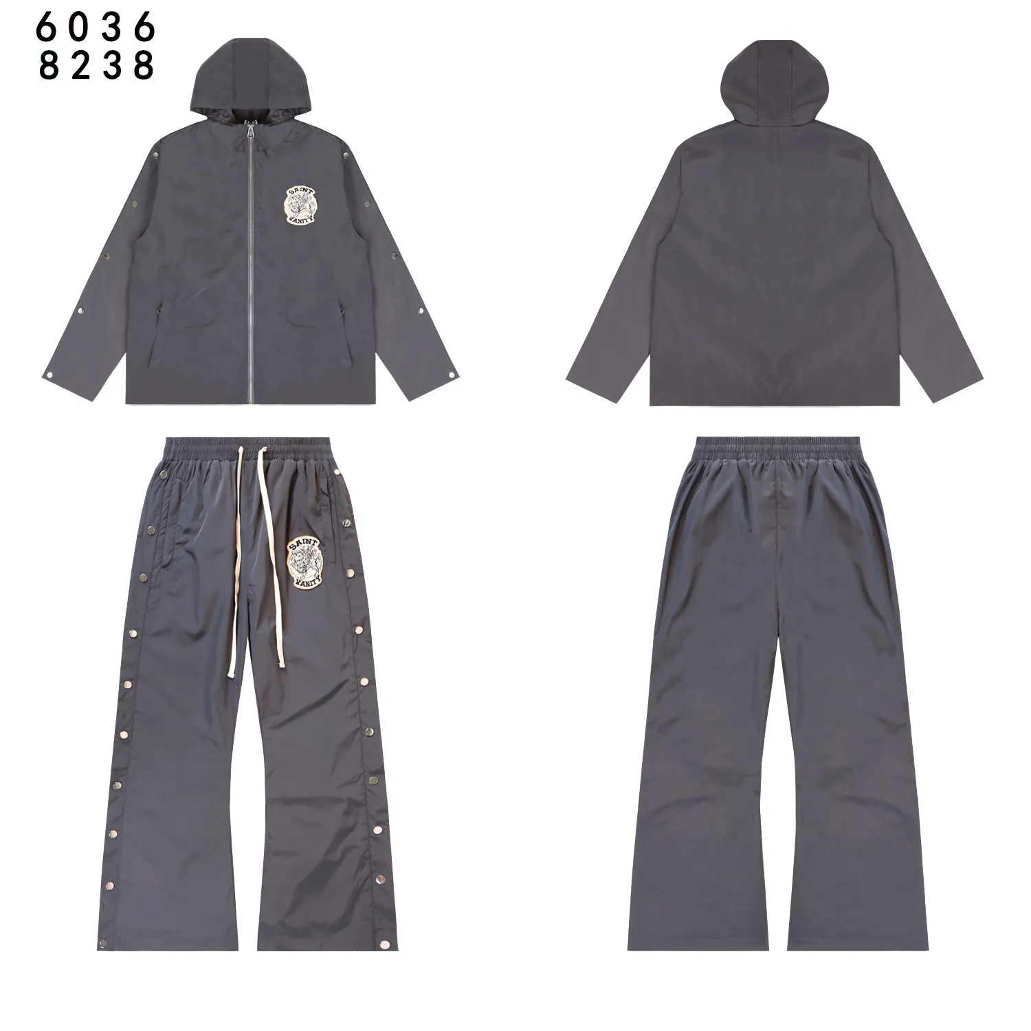 Style number: 6036 top P212 Style number: 8238 pants P184 Fabric: woven + lining Real stock SAINT VANITY embroidered breasted sports casual windbreaker jacket and trousers suit Color: Black Yellow Red Gray Size: S M L XL